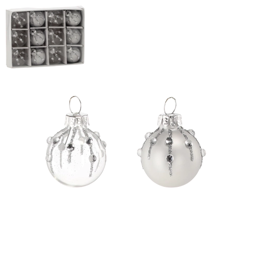 Sada skleněných vánočních ozdob – stříbrné a čiré koule, 12 ks