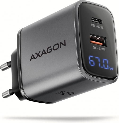 Síťová nabíječka AXAGON GaN 67 W s USB‑C PD a USB‑A QC, LED displej