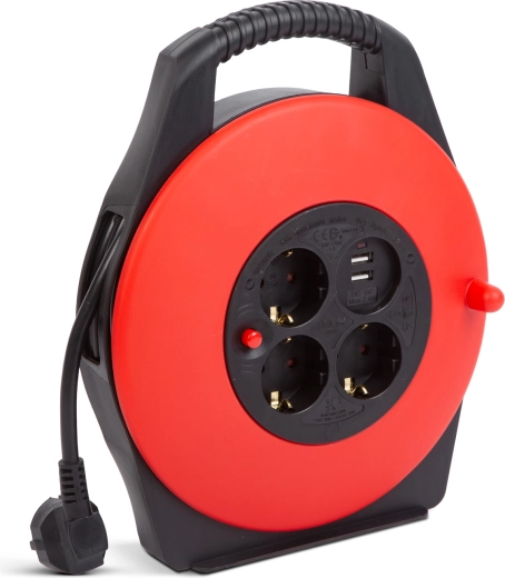 Kabelový buben s plastovým držákem, 3 zásuvky a 2 USB porty, 10 m
