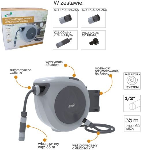 Automatický naviják zahradní hadice 35 m s nástěnným držákem