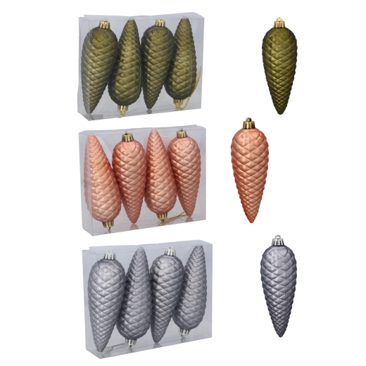 Sada vánočních ozdob šišky matné 14 cm – olivová, měděná a grafitová (4 ks)