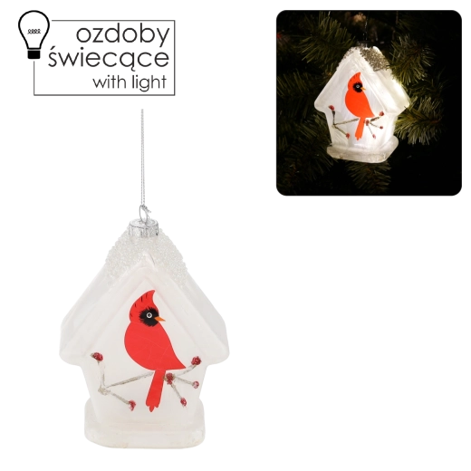 Skleněná vánoční dekorace s LED – ptáček v krmítku