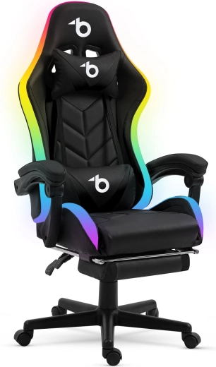 Herní židle s RGB LED osvětlením a opěrkou nohou černá
