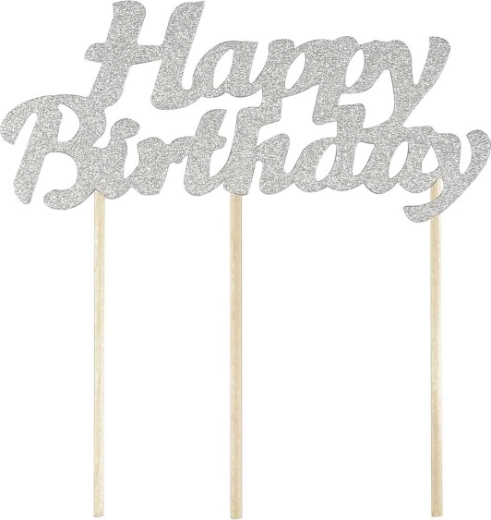 Dekorace na dort Happy Birthday stříbrná