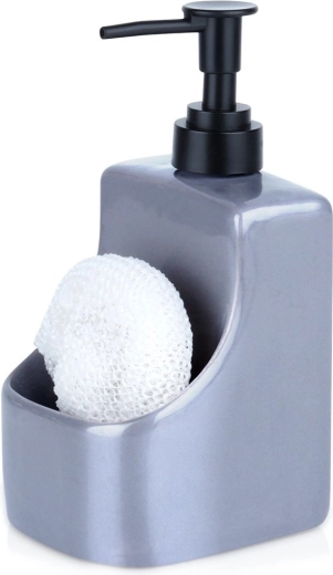 Keramický dávkovač na mycí prostředek se zásobníkem na houbičku, šedý 400 ml