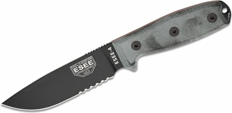 ESEE nůž 4S s částečným zoubkováním, 11,4 cm, černá/šedá, Micarta, pouzdro MOLLE