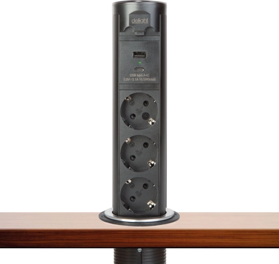 Výklopná zásuvková lišta Touchcontrol s motorem, 3 zásuvkami, USB-A a USB-C, černá
