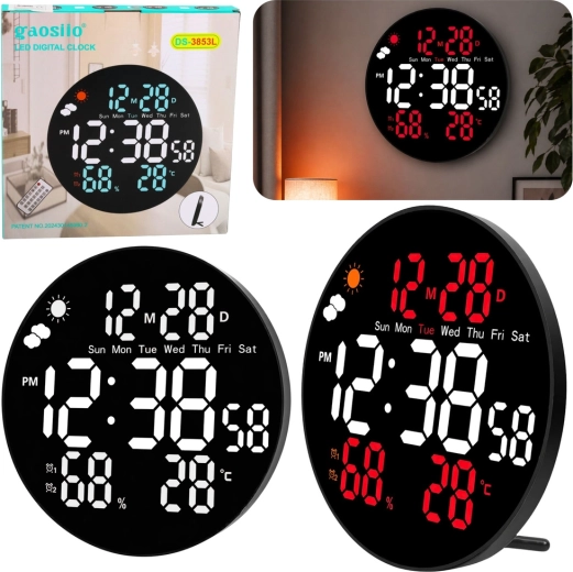 Gaosio digitální LED nástěnné hodiny 25 cm s teplotou, vlhkostí a dálkovým ovládáním