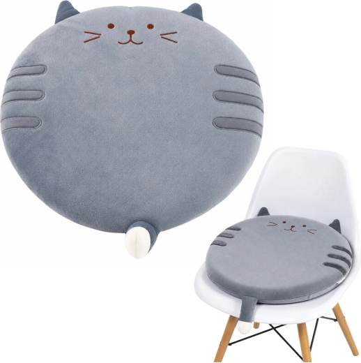 Kulatý plyšový podsedák na židli kočka, šedý 40 cm