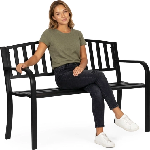 Zahradní kovová lavice s opěrkou 120 × 50 cm, černá, MultiGarden
