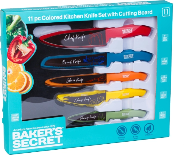 Baker's Secret 11dílná sada barevných kuchyňských nožů s prkénkem