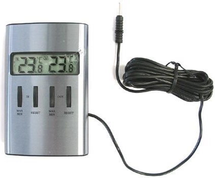 Digitální teploměr vnitřní i venkovní se sondou 10 × 6 cm, stříbrná