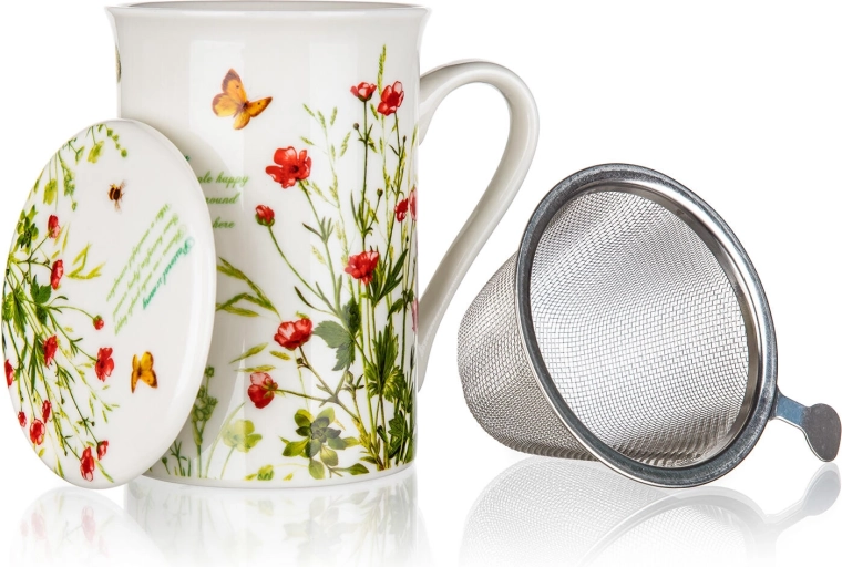 Keramický hrnek s víčkem a nerezovým sítkem 300 ml Meadow Flowers