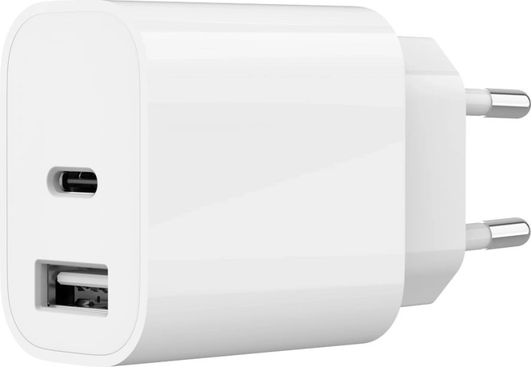 Univerzální síťová nabíječka USB s 2 porty (USB‑A + USB‑C) 2.4 A, bílá