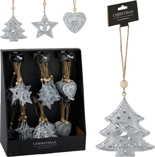 Vánoční závěsná kovová dekorace mix tvarů 7–7,5 cm, bílá
