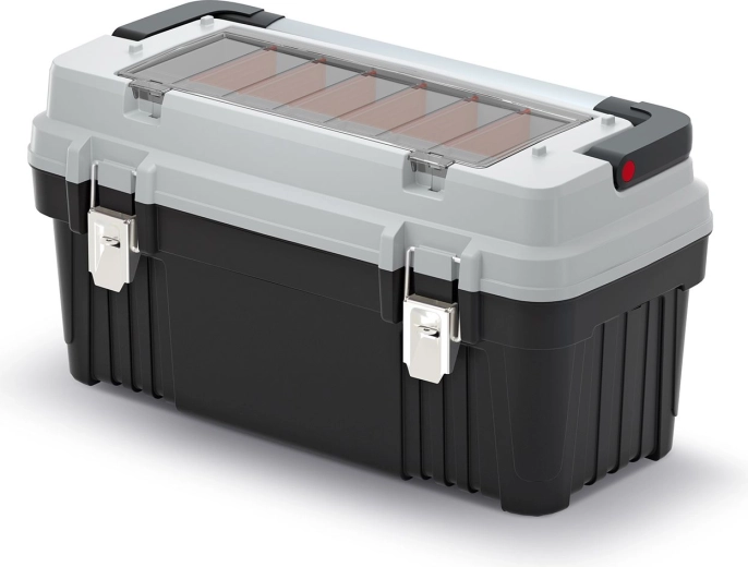 Kufr na nářadí OPTIMA s kovovým držadlem a zámky, přepážky, 586 × 296 × 305 mm, šedý