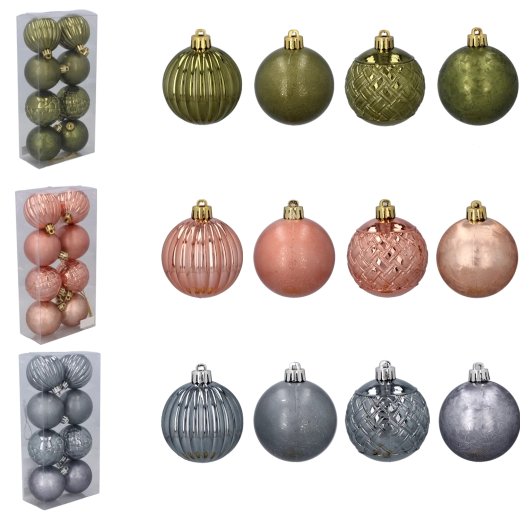 Sada vánočních koulí 6 cm – olivové, měděné a grafitové tóny, 8 ks