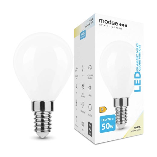 LED žárovka Modee Smart Lighting Filament Milky Globe Mini E14 7 W neutrální bílá