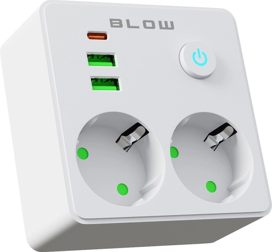 BLOW rozbočovač do zásuvky se 2 zásuvkami, 2× USB a USB‑C, bílý