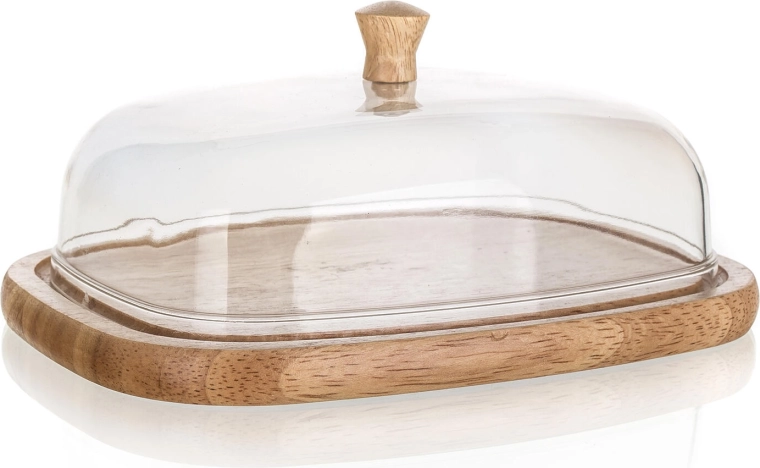 Máslenka s dřevěným podnosem a akrylovým poklopem BRILLANTE 17,4 × 12,4 × 6,2 cm