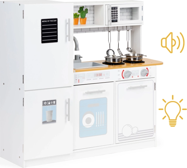 Dřevěná dětská kuchyňka s LED světlem a nádobím ECOTOYS