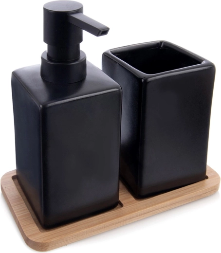 Dolomitová koupelnová sada 3dílná černá s bambusovou táckou Vilde