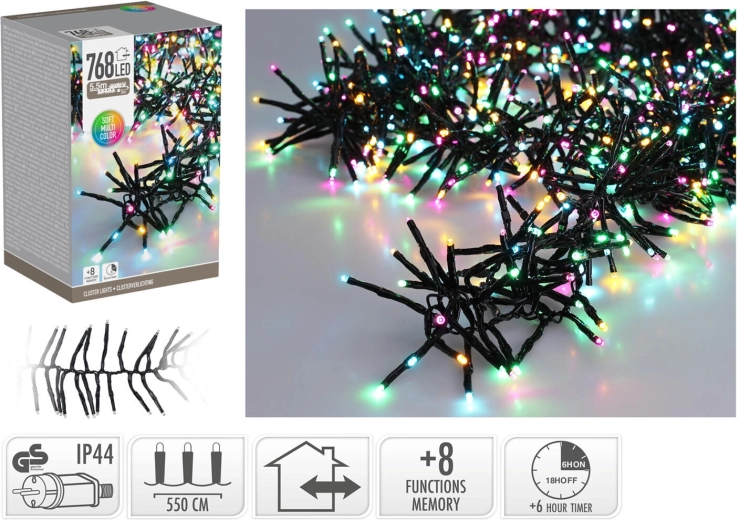 Vánoční LED řetěz 5,6 m, 768 diod, duhové barvy, 8 funkcí s časovačem, pro vnitřní i venkovní použití
