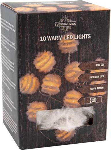 Vánoční světelný řetěz s 10 LED koulemi s peříčky a časovačem 1,35 m – teplé bílé světlo