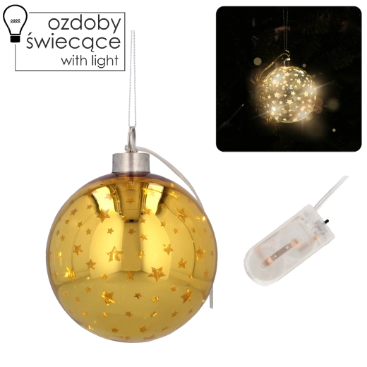 Skleněná vánoční koule 10 cm se zlatými hvězdičkami a LED osvětlením, sada 6 ks
