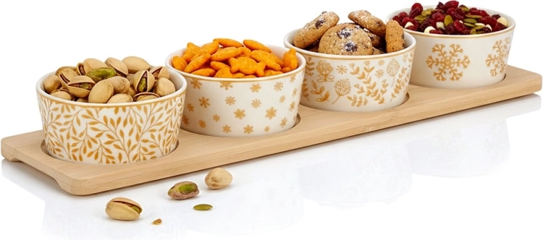 Porcelánové mističky na občerstvení na bambusovém podnosu, 5dílná sada