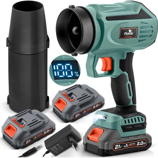 Akumulátorový foukač na listí Plonos 21 V 300 W se 2 bateriemi 2 Ah