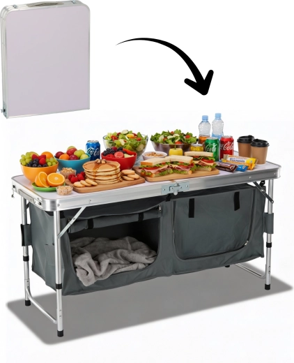 Skládací kempingová skříňka s pracovním stolem 120 × 47 × 68 cm