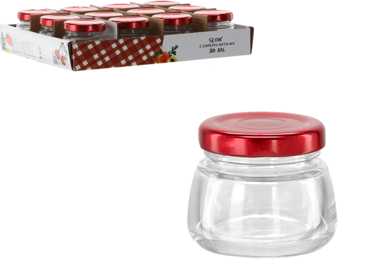 Sklenička 30 ml s červeným kovovým víčkem