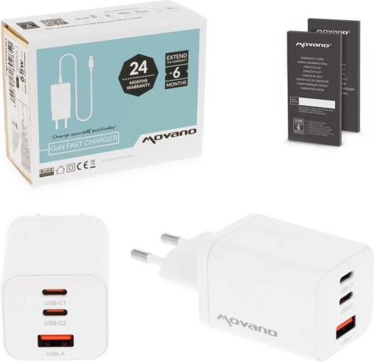 Movano GaN nabíječka 65 W, 2× USB-C PD + USB-A bílá