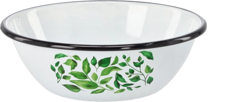 Emaliovaná miska 0,6 l, průměr 16,5 cm, bílá s motivem fíkusu