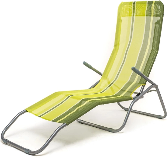 Skládací zahradní lehátko zelené s pruhy, kovová konstrukce, nosnost 100 kg