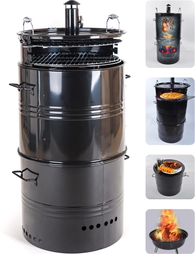 Multifunkční gril a udírna GRIMSBY z oceli, 103 cm, černý