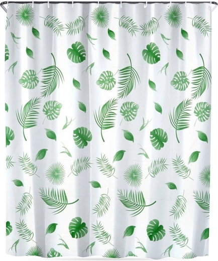 Voděodolný sprchový závěs s háčky 180 × 180 cm, zelené listy
