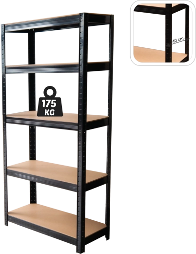 Pětipolicový kovový regál 180 × 90 × 40 cm, černý, nosnost police 175 kg