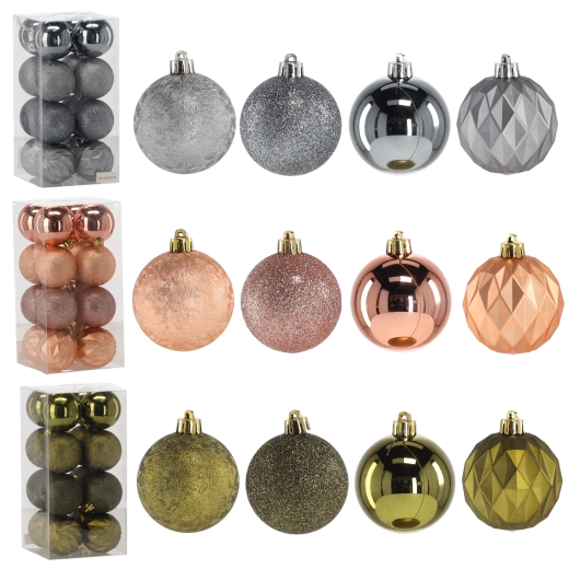 Sada vánočních ozdob 6 cm – olivová, měděná a grafitová, 16 ks