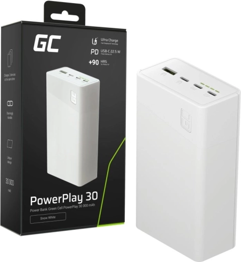 Powerbanka 30000 mAh, 22,5 W, 4 porty, bílá