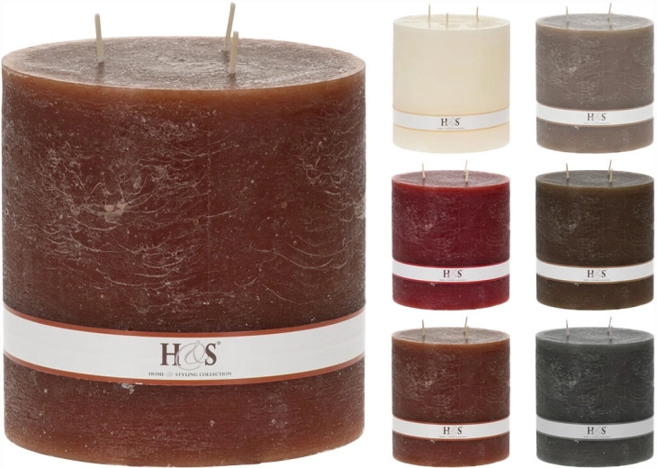 Rustikální válcová svíčka 14 × 14 cm se 3 knoty – mix barev