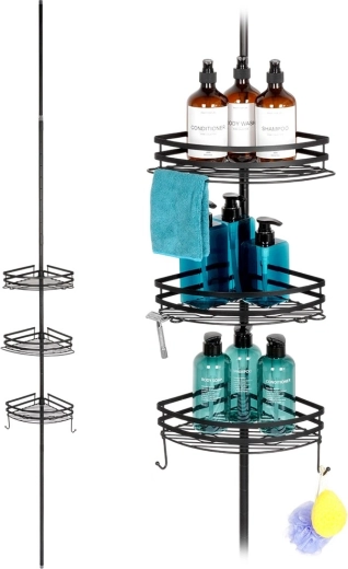 Rohová teleskopická sprchová police z kovu, černá, nastavitelná