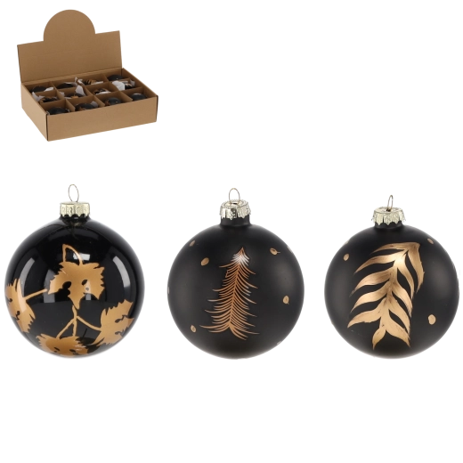 Skleněné vánoční koule 8 cm – černé s dekorem, sada 12 ks