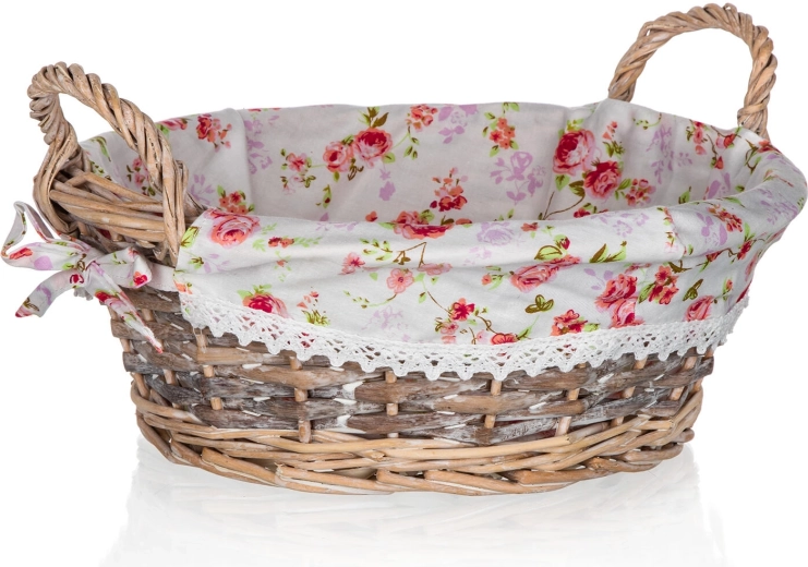 Proutěný kulatý košík s látkou ROSES 30 × 12 cm s uchy
