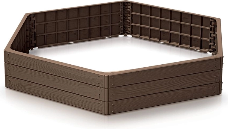 Vyvýšený záhon BASE WOODY – modulární plastový záhon v rustikálně cihlové barvě