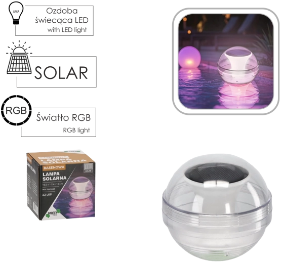 Solární plovoucí LED světlo do bazénu 10,5 cm, 22 LED, multicolor