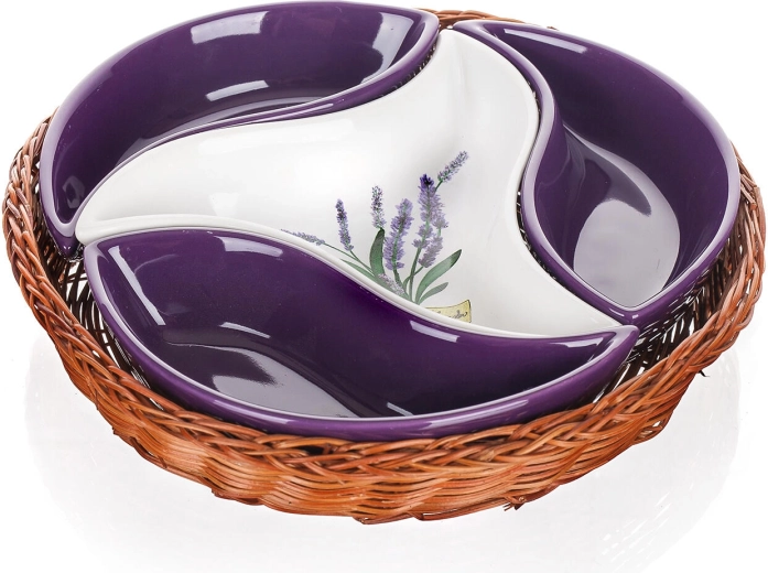 Sada servírovacích misek LAVENDER v proutěném košíku, průměr 23 cm