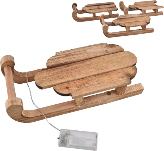 Dřevěné dekorativní sáňky s LED osvětlením hnědé 30 × 13 × 8 cm (3 varianty)