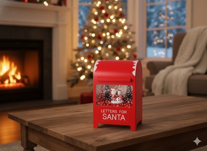 Vánoční poštovní schránka s LED hracím strojkem, červená, 15 × 12 × 23 cm